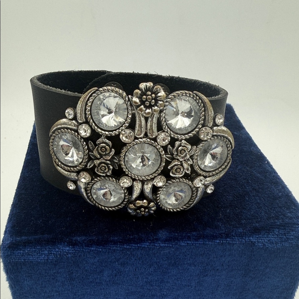black faux leather statement cuff bracelet w/ centerpiece encrusted w/ crystals